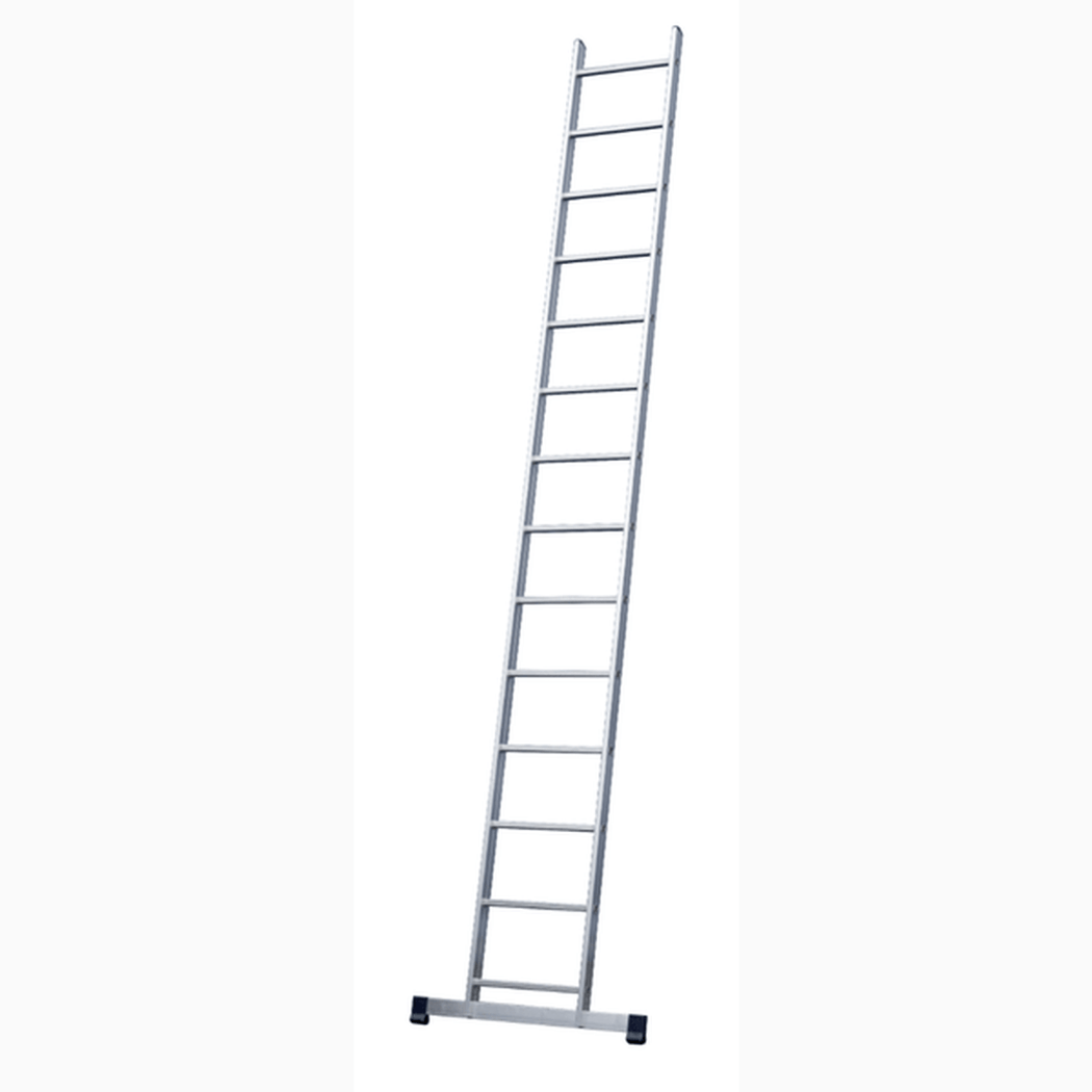 Enkelstege, 2m till 5,1m i aluminium med halkskyddade pinnar och glidskydd för säker användning.