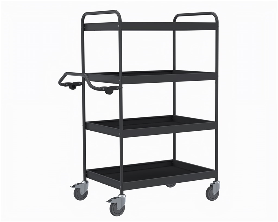 Ergonomisk hyllvagn, 4 hyllplan, 1140x630x1540mm, 200kg, inkl. broms med stabil konstruktion och höjdjusterbart handtag.