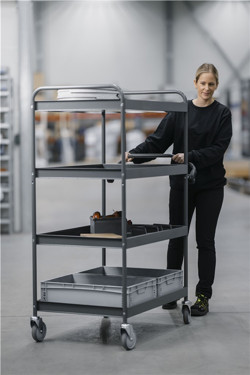 Ergonomisk hyllvagn, 4 hyllplan, robust konstruktion med broms, idealisk för transport och lagring upp till 200kg.