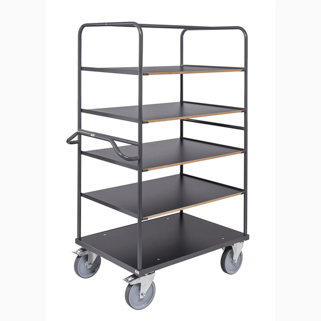 Ergonomisk hyllvagn, 5 hyllplan, 1100x700x1800mm, 500kg, inkl. broms med robust design och stabila bromsade hjul.
