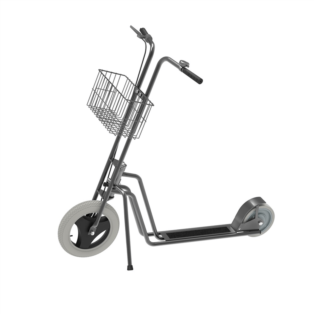 Ergonomisk sparkcykel 1230x645x1070mm med punkteringsfria hjul, gummerade handtag och ringklocka för bekväm transport.