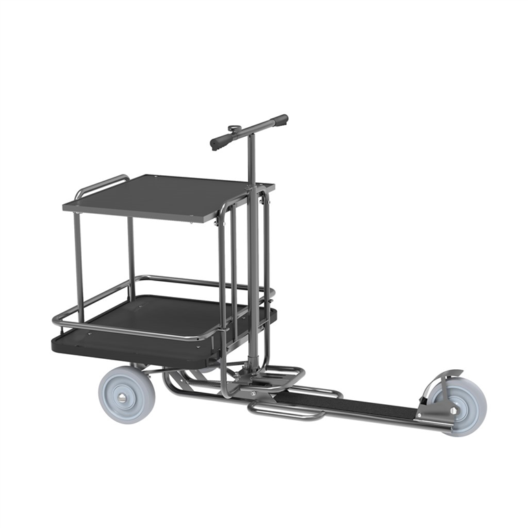 Ergonomisk sparkcykel med två hyllor, 1470x700x1000mm, punkteringsfria hjul och max 200kg belastning.
