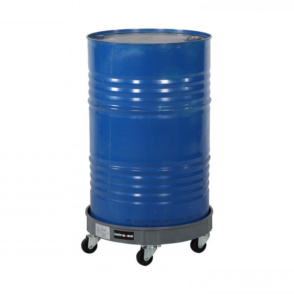 Fattrall för 200 liter fat, plast, med robust design och hjul för enkel transport av tunga oljefat.