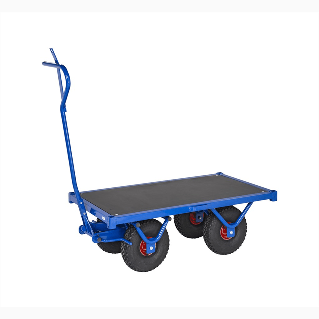 Flakvagn, 1200x670x390mm, 800kg, blå med robust konstruktion och luftgummihjul för effektiv tung transport.