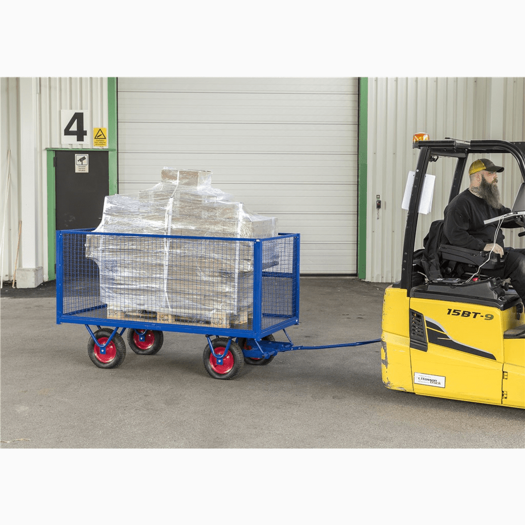 Flakvagn, 2000x1000x490mm, 800kg, Blå med plywoodlastplan och robust svetsad rörram för tunga transporter.