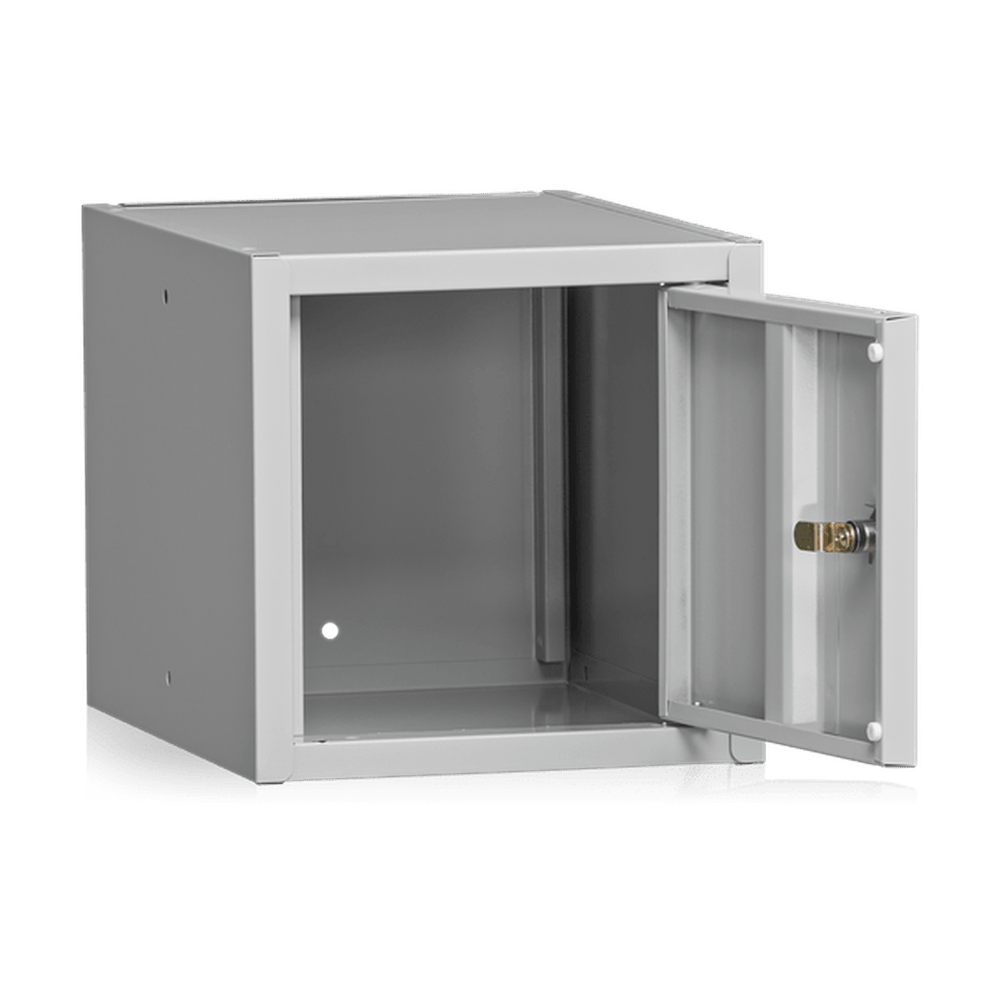 Förvaringsbox 455x275x355 mm Grå i robust stålplåt med cylinderlås för säker och kompakt förvaring.