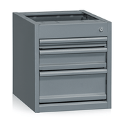 Förvaringshurts Grå 1x50 1x100 1x150 mm med tre lådor, centrallåsning och robust design för effektiv arbetsplatsorganisering.