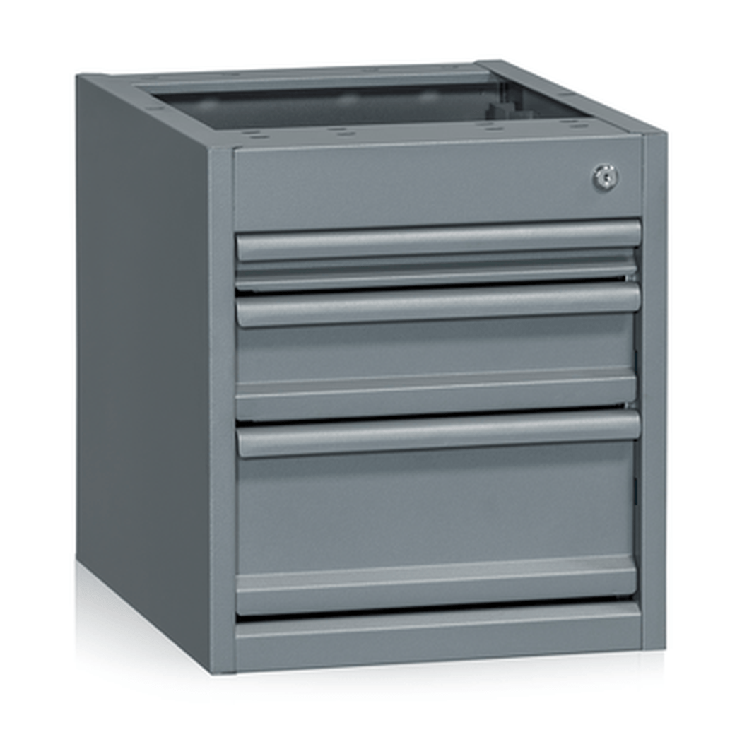 Förvaringshurts Grå 1x50 1x100 1x150 mm med tre lådor, centrallåsning och robust design för effektiv arbetsplatsorganisering.