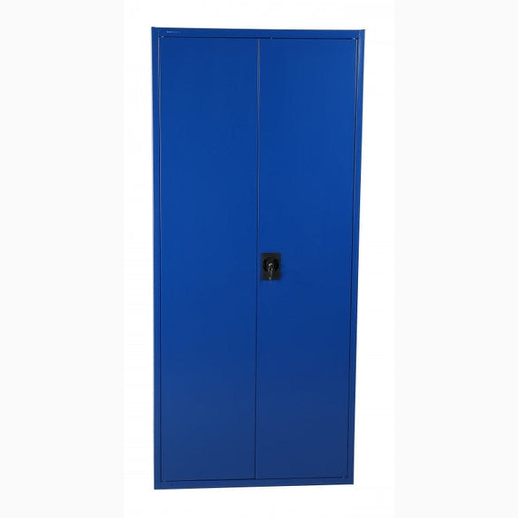 Förvaringsskåp, 1800x800x400, Blå i stål med säkerhetslås och fyra hyllplan för effektiv och säker förvaring.