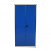 Förvaringsskåp, 1800x900x400mm, blå metall med spanjolettlås och justerbara hyllor för 50 kg belastning.