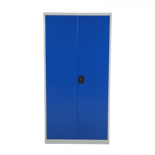 Förvaringsskåp, 1800x900x400mm, blå metall med spanjolettlås och justerbara hyllor för 50 kg belastning.