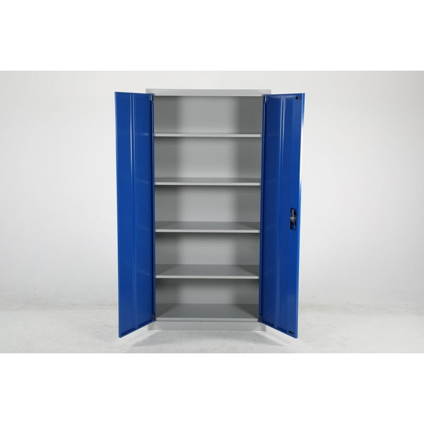 Förvaringsskåp, 1800x900x400mm, 50kg hylla, blå metallskåp med justerbara hyllplan och spanjolettlås.
