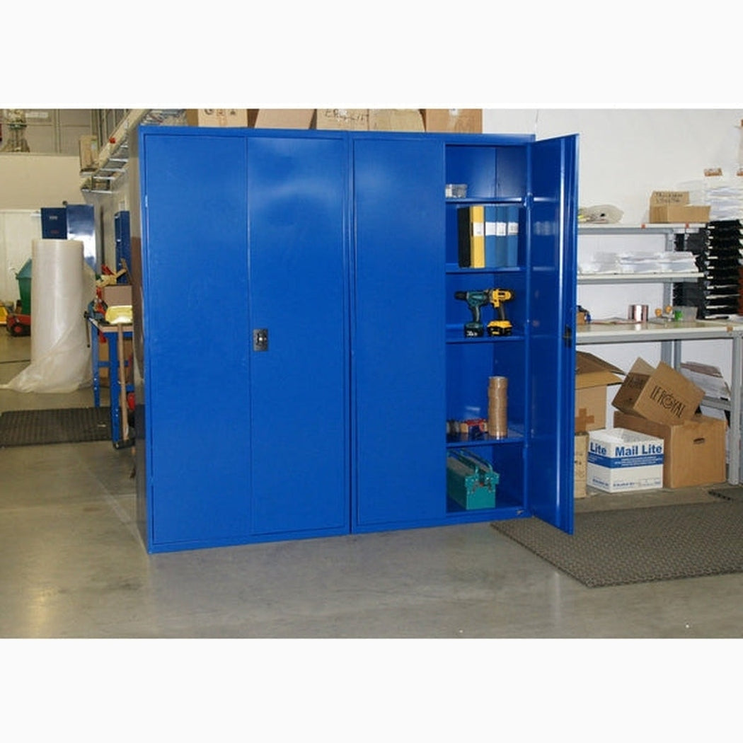 Förvaringsskåp, 2000x1000x500, Blå med stabil konstruktion, spanjolettlås och fyra hyllplan för effektiv förvaring.