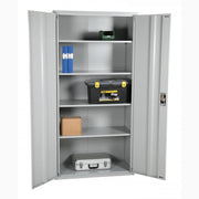 Förvaringsskåp, 2000x1000x500, Grå med öppna dörrar och hyllor för verktyg och förvaring i stål.