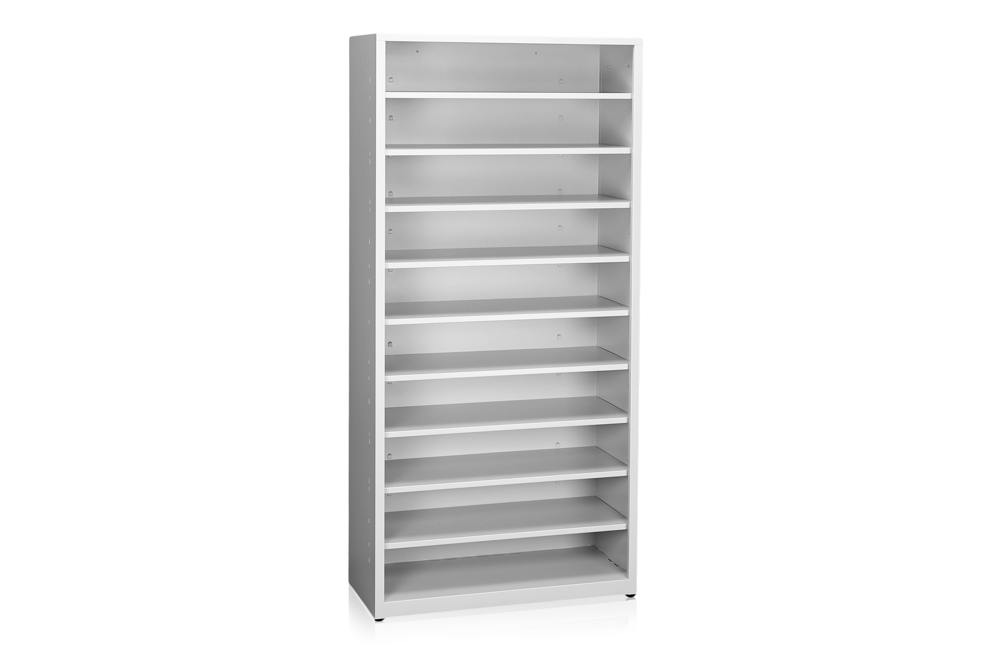 Förvaringsskåp inkl 10 Hyllor 950x425x1970 mm i robust plåt med öppna justerbara hyllplan för flexibel och effektiv förvaring.