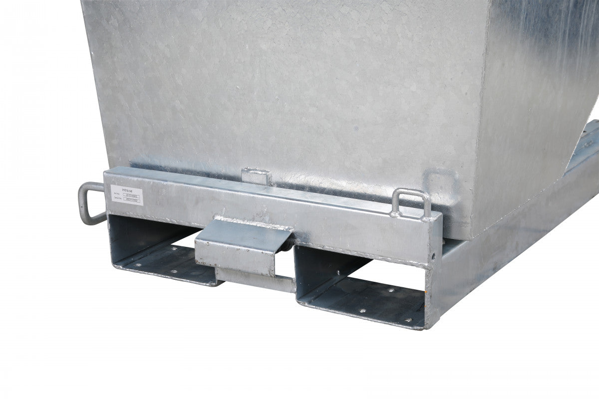 Galvaniserad tippcontainer, 600 liter, 2500kg med robust stålkonstruktion och truckanpassad design för effektiv avfallshantering.