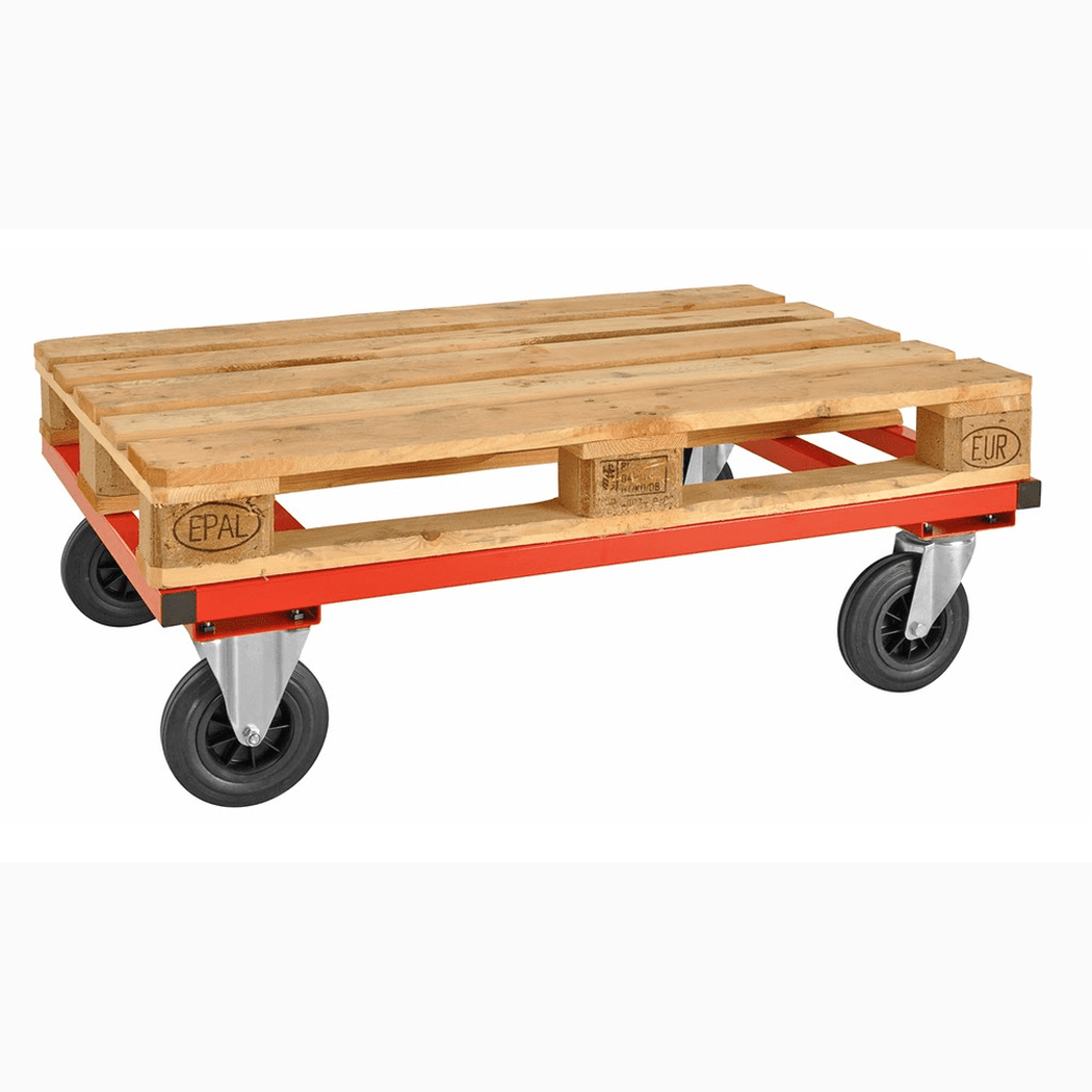 Pallvagn, 1200x800x305mm, 800kg, röd med robust stålram och svarta länkhjul för lätt transport av pallar.