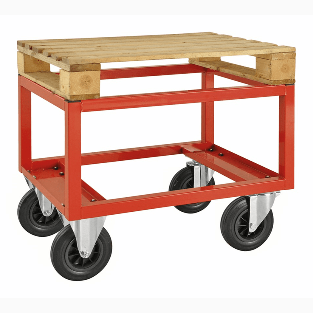 Halvpallvagn 800x600x650mm röd med robust stålkonstruktion, 800kg kapacitet och fyra hjul för enkel förflyttning.