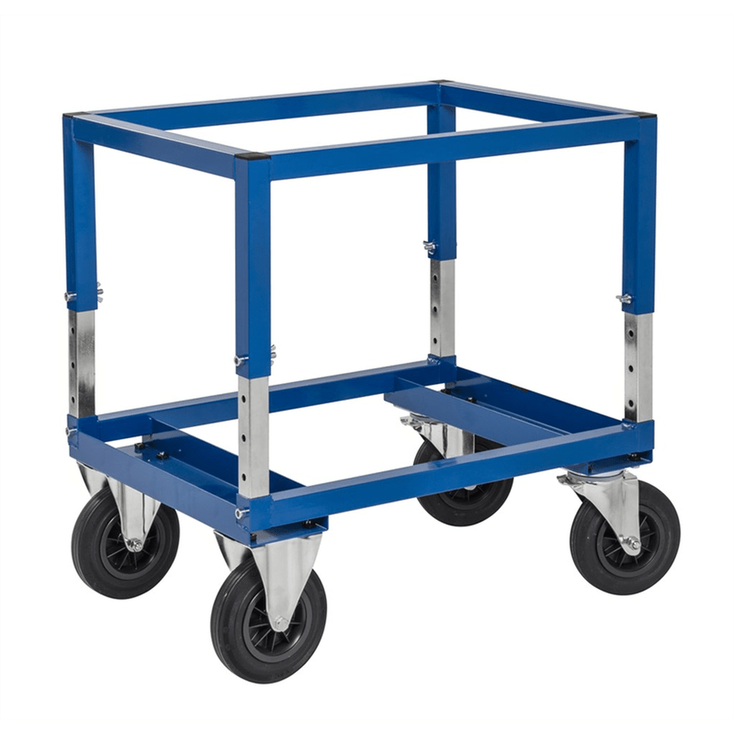 Halvpallvagn, justerbar höjd 800x600x655-835mm, 800kg, blå med robust stålkonstruktion och följsamma länkhjul.