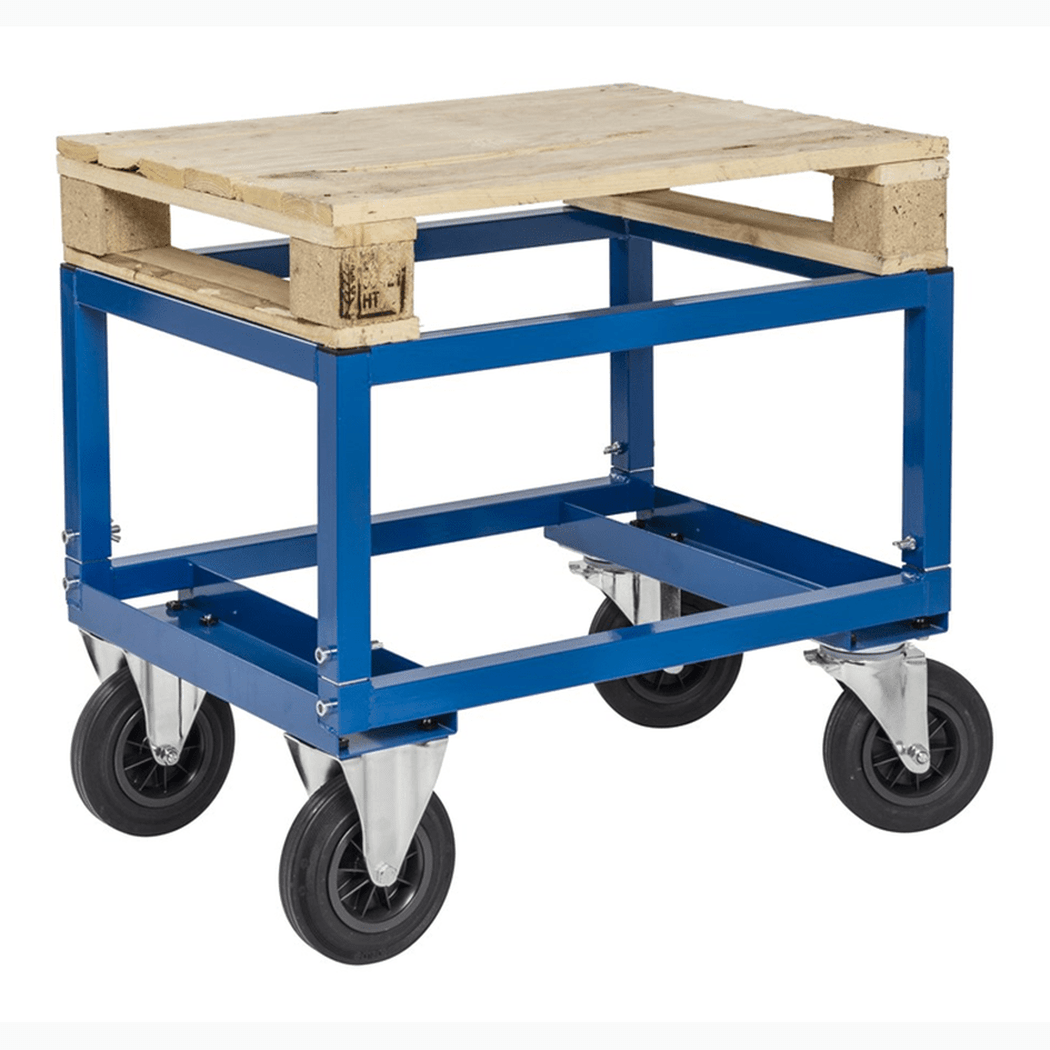 Halvpallvagn, justerbar höjd 800x600x655-835mm med blå pulverlackerad stålkonstruktion och 800kg kapacitet.