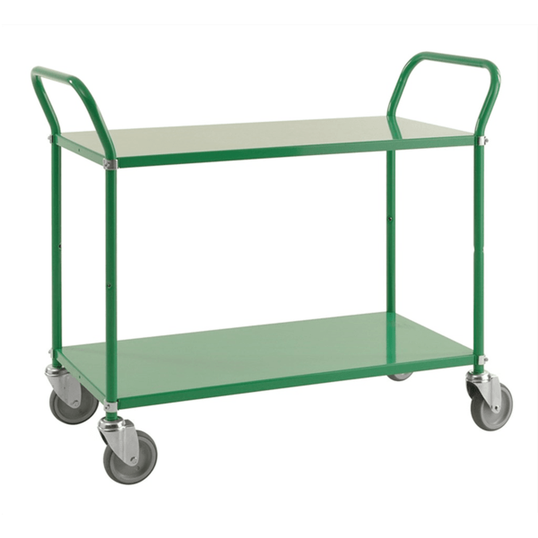 Hyllvagn med 2 hyllplan, 1080x480x940mm, 250kg, robust plåtvagn med rejäla hjul för effektiv transport och lagring.