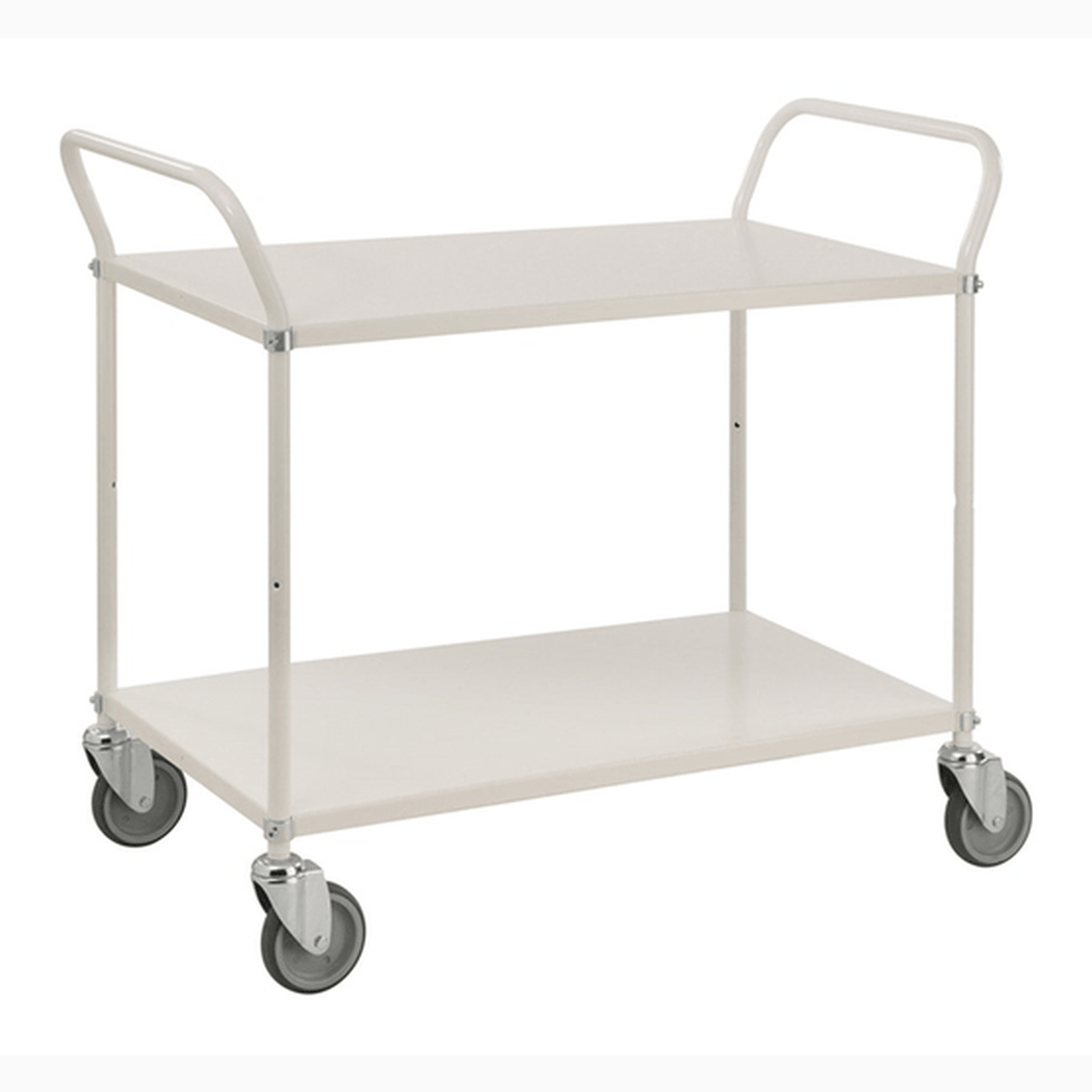 Hyllvagn med 2 hyllplan, inkl. broms, 1080x480x940mm, 250kg, robust plåtvagn med stora hjul för enkel transport.