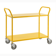 Hyllvagn med 2 hyllplan, inkl. broms, 1080x480x940mm, 250kg, gul plåtvagn med stora hjul för enkel transport.