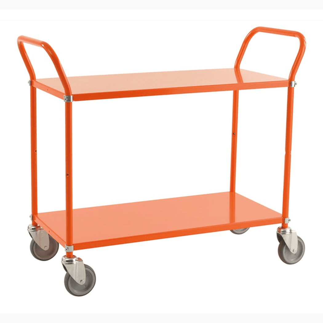 Hyllvagn med 2 hyllplan, inkl. broms, 1080x480x940mm, 250kg med robusta plåthyllor och 125 mm hjul för enkel transport.