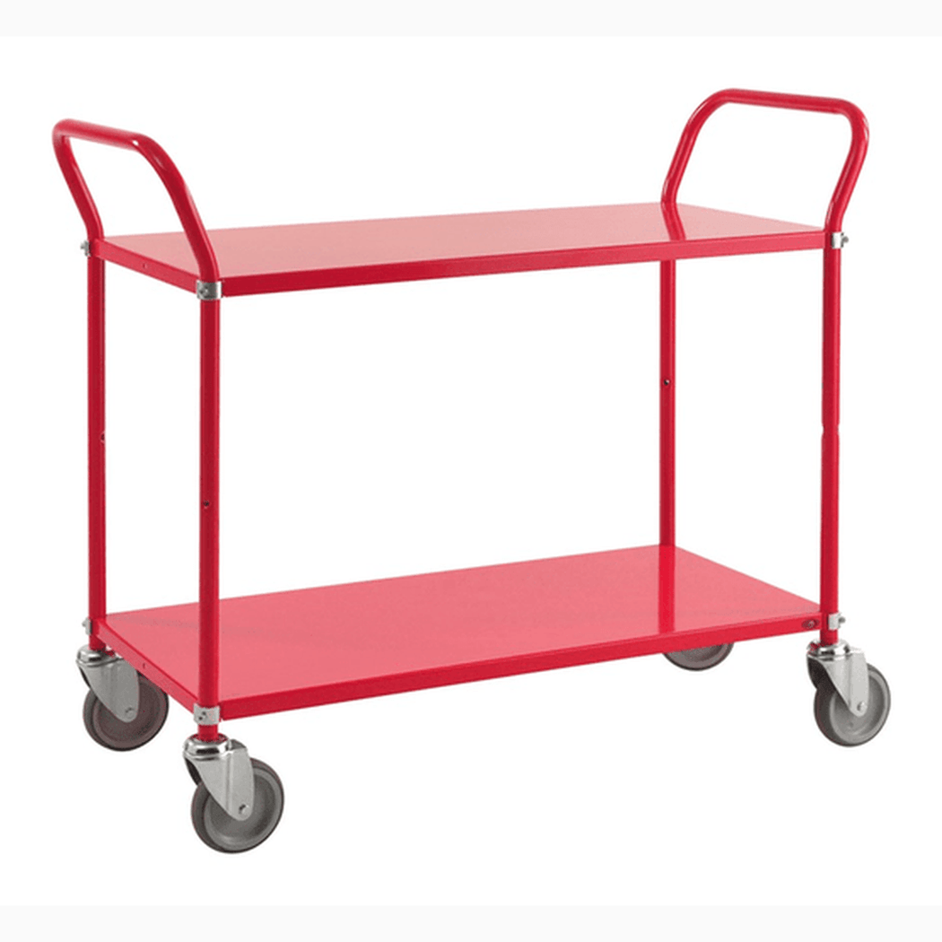 Hyllvagn med 2 hyllplan, 1080x480x940mm, 250kg i röd plåt med robust design och 125 mm länkhjul för enkel hantering.