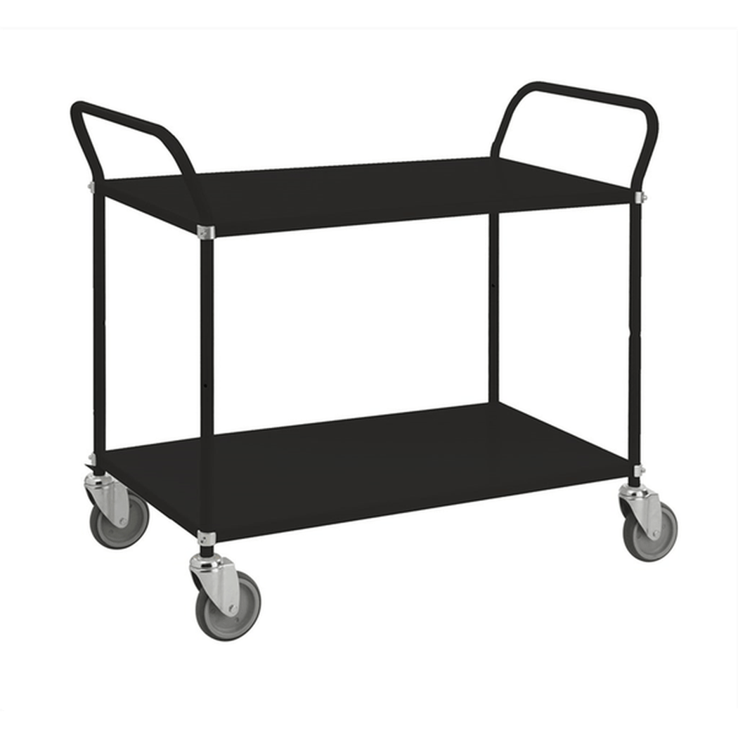 Hyllvagn med 2 hyllplan, inkl. broms, 1080x480x940mm, 250kg, robust plåtvagn med stora hjul för enkel hantering.