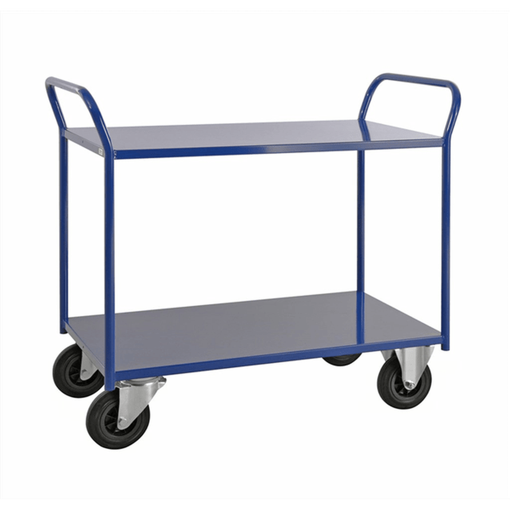 Hyllvagn med 2 plan, 1080x450x975mm, robust plåtvagn med 400 kg kapacitet och 4 hjul för enkel hantering.