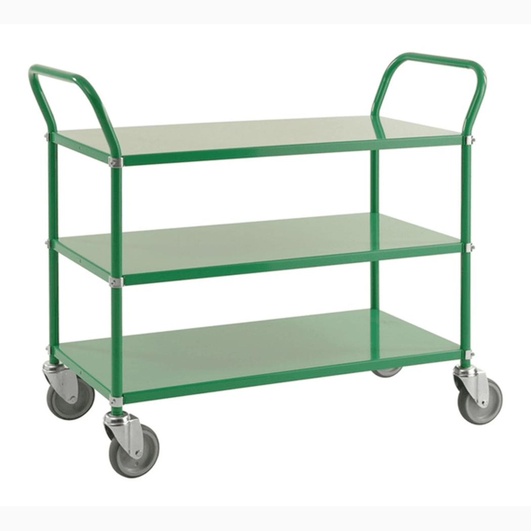 Hyllvagn med 3 hyllplan, 1080x480x940mm, 250kg, grön vagn med robust design och fyra länkhjul för enkel transport.