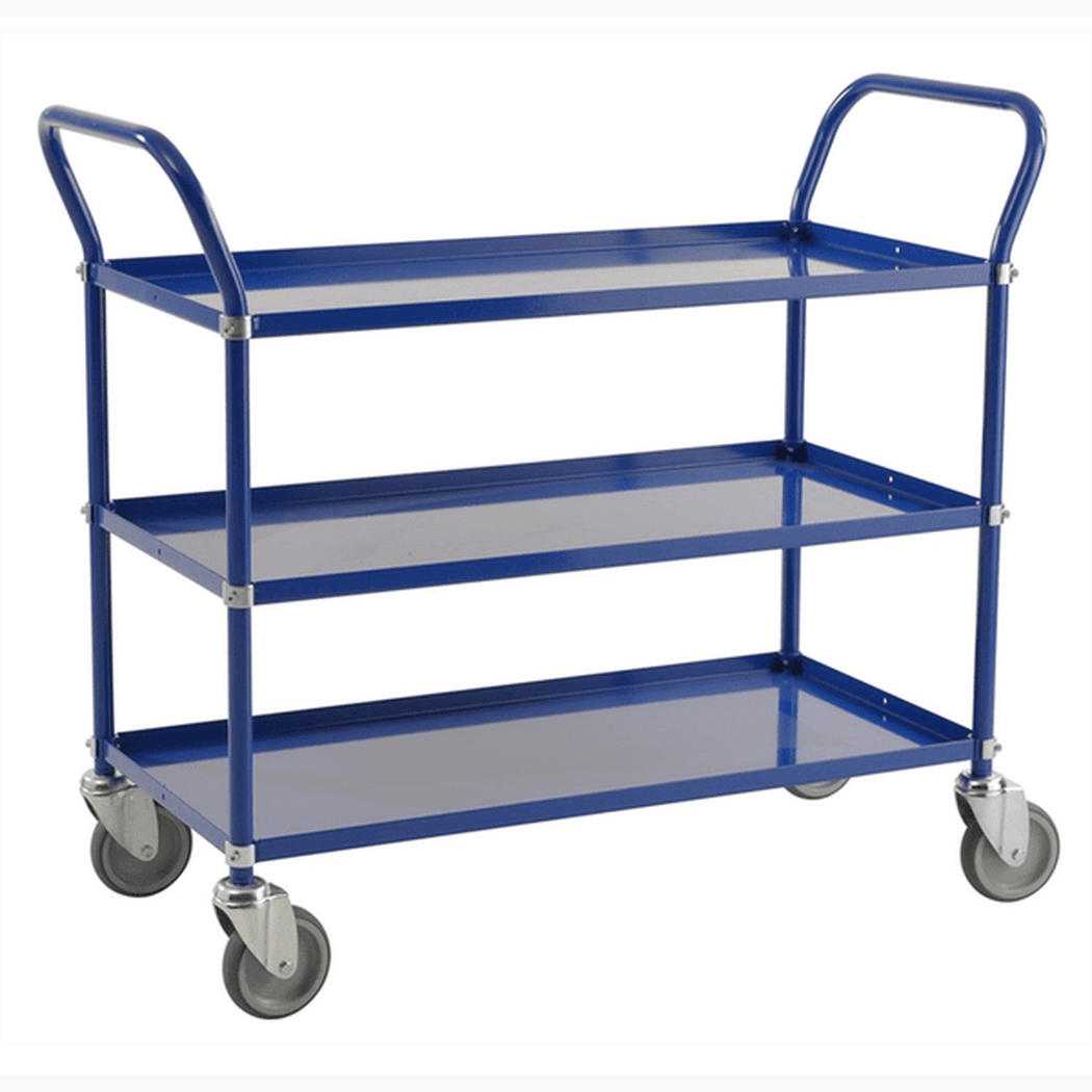 Hyllvagn med 3 hyllplan, 1080x480x940mm, 250kg, blå metallvagn med fyra länkhjul för enkel transport och organisering.