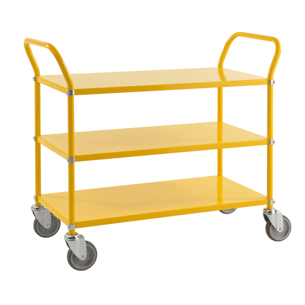 Hyllvagn med 3 hyllplan, 1080x480x940mm, 250kg i gul pulverlackerad stål med fyra länkhjul för enkel transport.