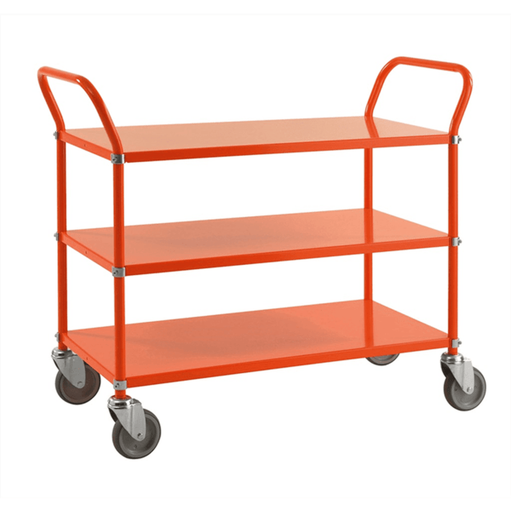 Hyllvagn med 3 hyllplan inkl. broms, orange metallvagn med 125mm hjul, 1080x480x940mm, max 250 kg belastning.