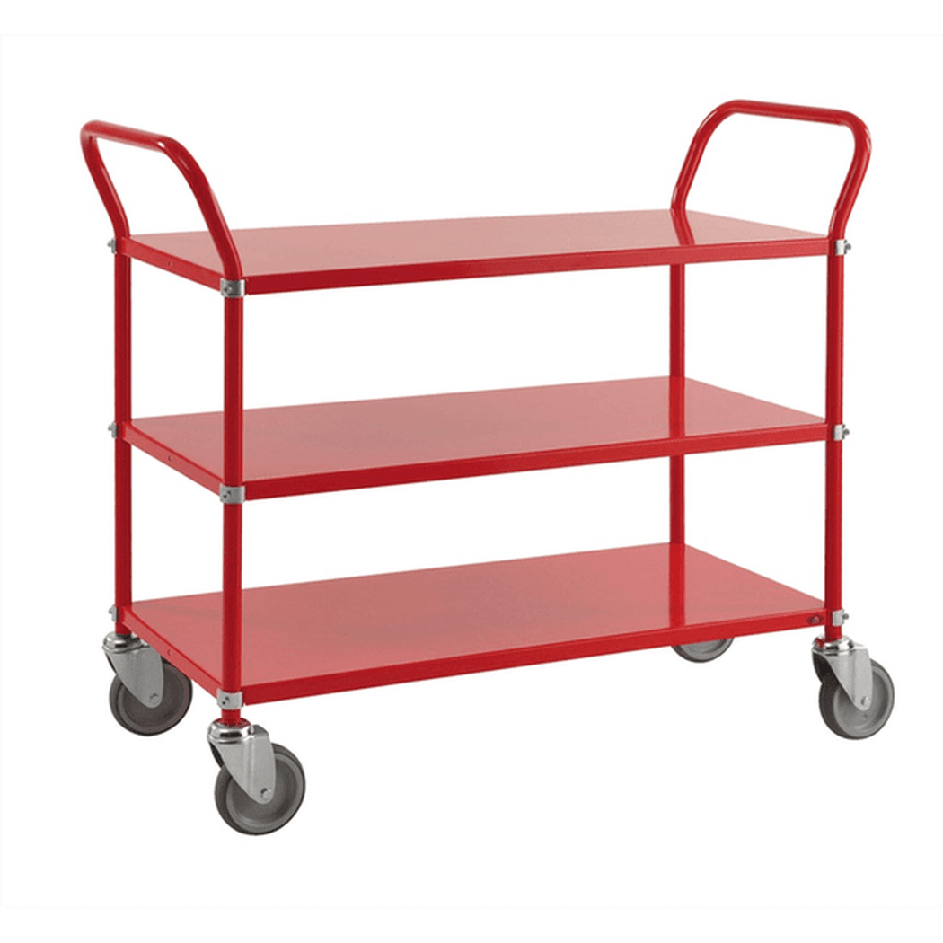 Hyllvagn med 3 hyllplan, 1080x480x940mm, 250kg, robust röd vagn med länkhjul för enkel transport och hög lastkapacitet.