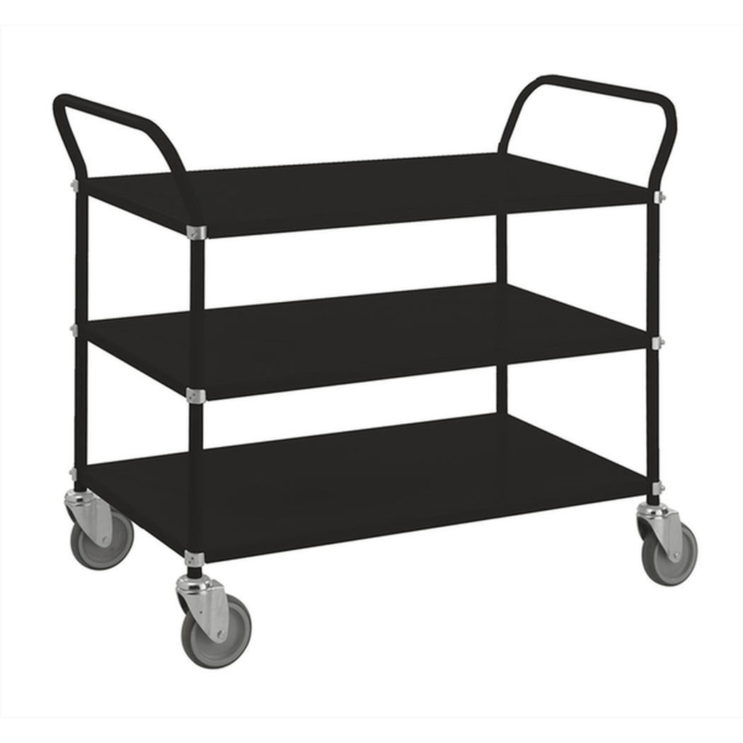 Hyllvagn med 3 hyllplan, 1080x480x940mm, 250kg, svart metallvagn med länkhjul för industribruk och lager.