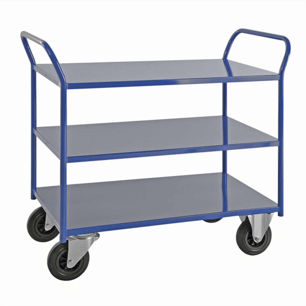 Hyllvagn med 3 plan inkl. broms, robust metallvagn för 400 kg belastning, 1080x450x975mm, industribruk.