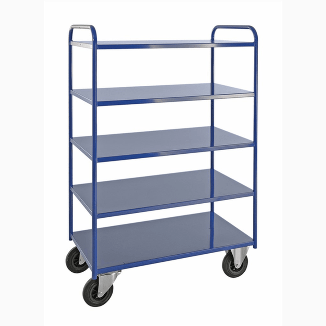 Hyllvagn med 5 plan, inkl. broms, 955x550x1470mm, 400kg, robust och svetsad med 5 hyllplan och länkhjul.