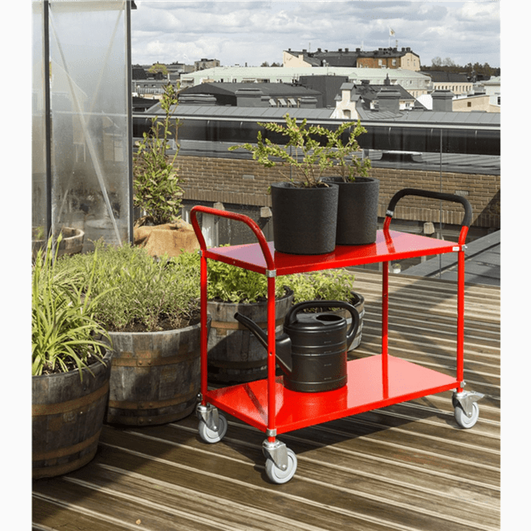 Hyllvagn med 2 hyllplan, inkl. broms, 1080x480x940mm, 250kg, robust plåtvagn med stora hjul och justerbara hyllplan.