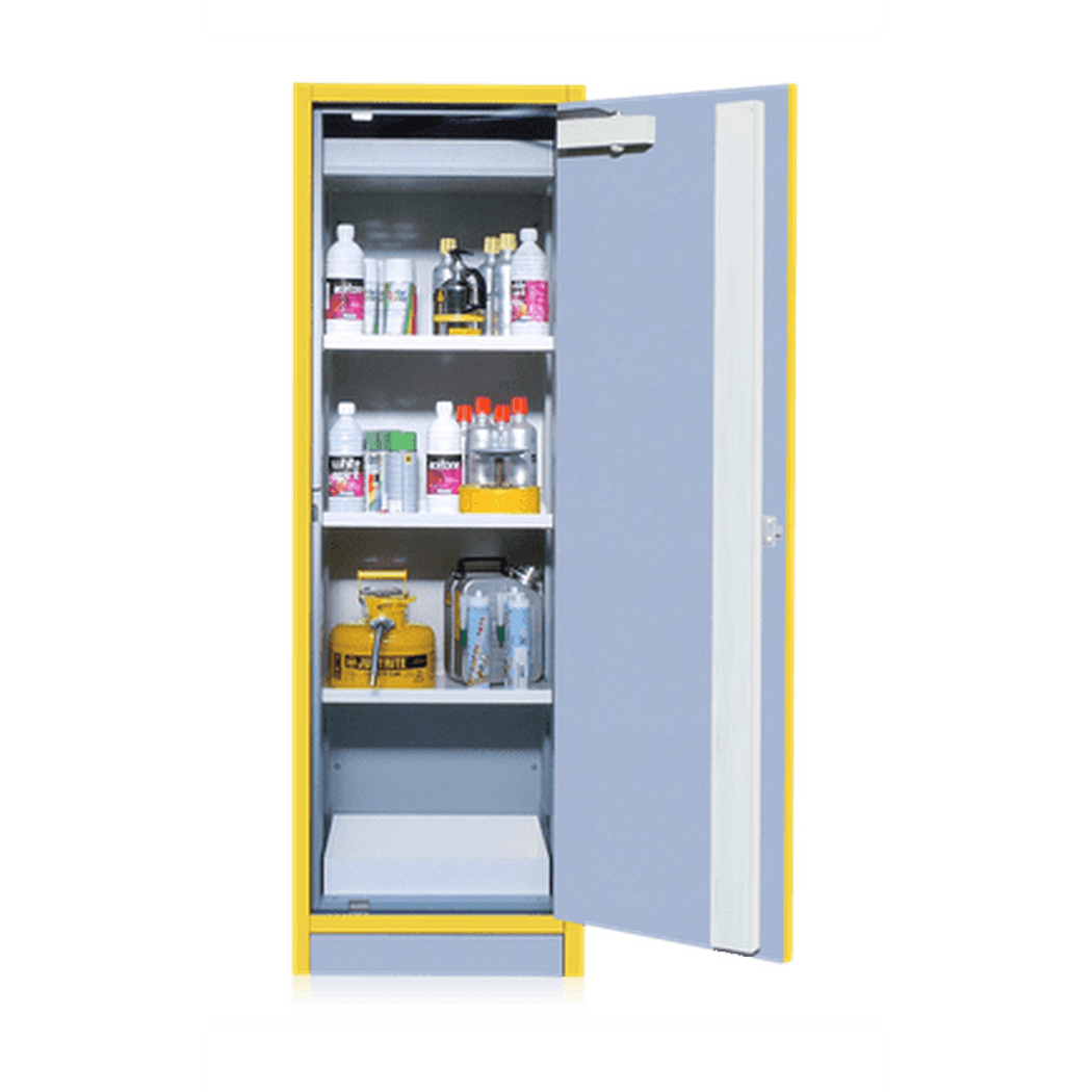 Kemikalieskåp 2000x600x550 inkl bottentråg och 3 hyllor, brandsäkert skåp med ventilationsstos och separat låsning.