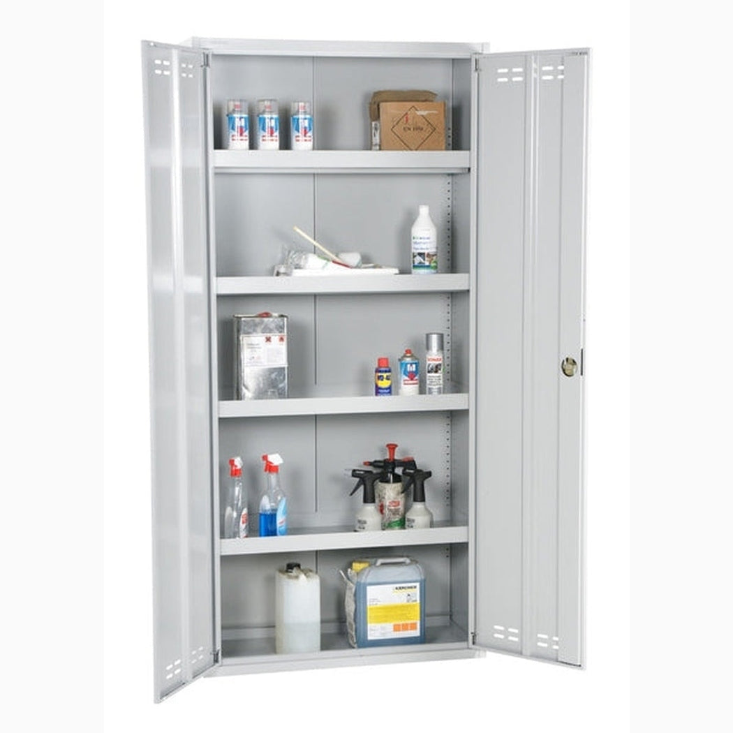 Kemikalieskåp, 1950x920x420mm, 4 hyllplan i stål med vätsketäta hyllplan för säker kemikalieförvaring.