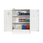 Kemikalieskåp brandisolerat 1300x1000x450 med flyttbara hyllplan och ventilationskanal för säker kemikalieförvaring.