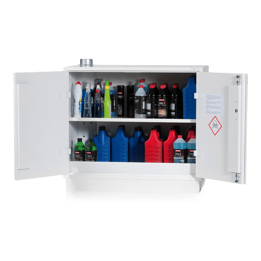 Kemikalieskåp brandisolerat 900x1000x450 inkl 1 hylla med ventilationskanal och uppvikta kanter för säker förvaring.
