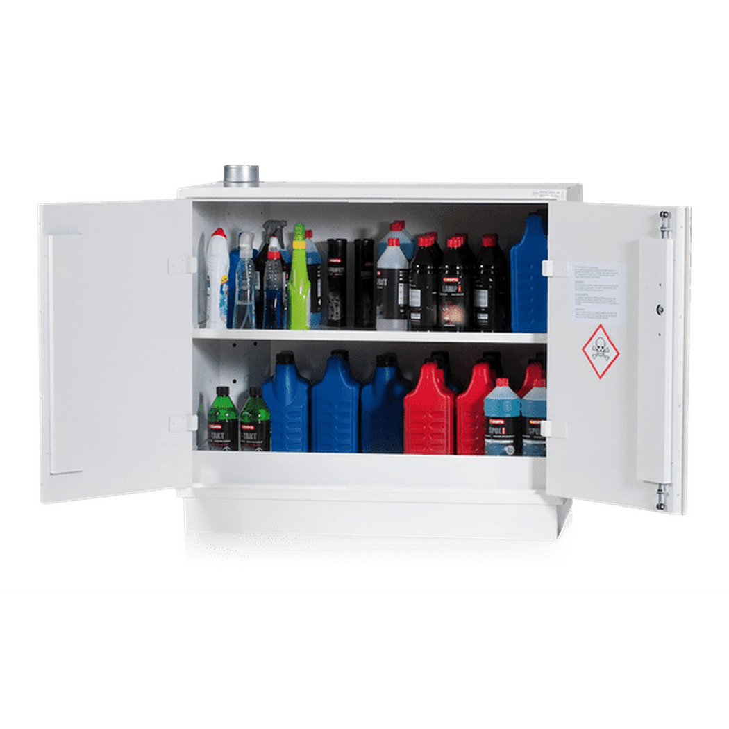 Kemikalieskåp brandisolerat, 900x1000x600 inkl 1 hylla med ventilationssystem och spillskydd för säker kemikalieförvaring.