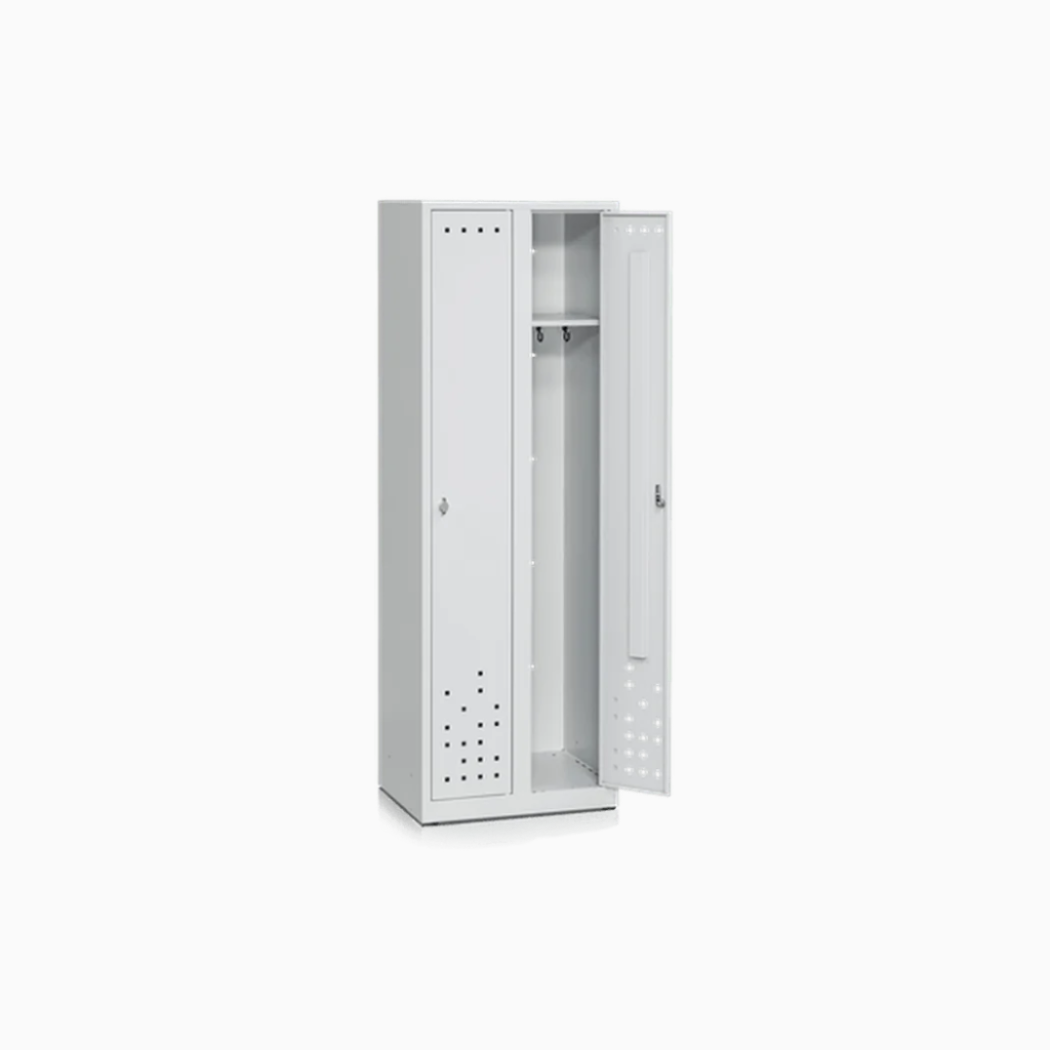Klädskåp 2 Dörrar Bredd 600 mm Ljusgrå i stål med pulverlackering, ventilationshål och flyttbara krokar.