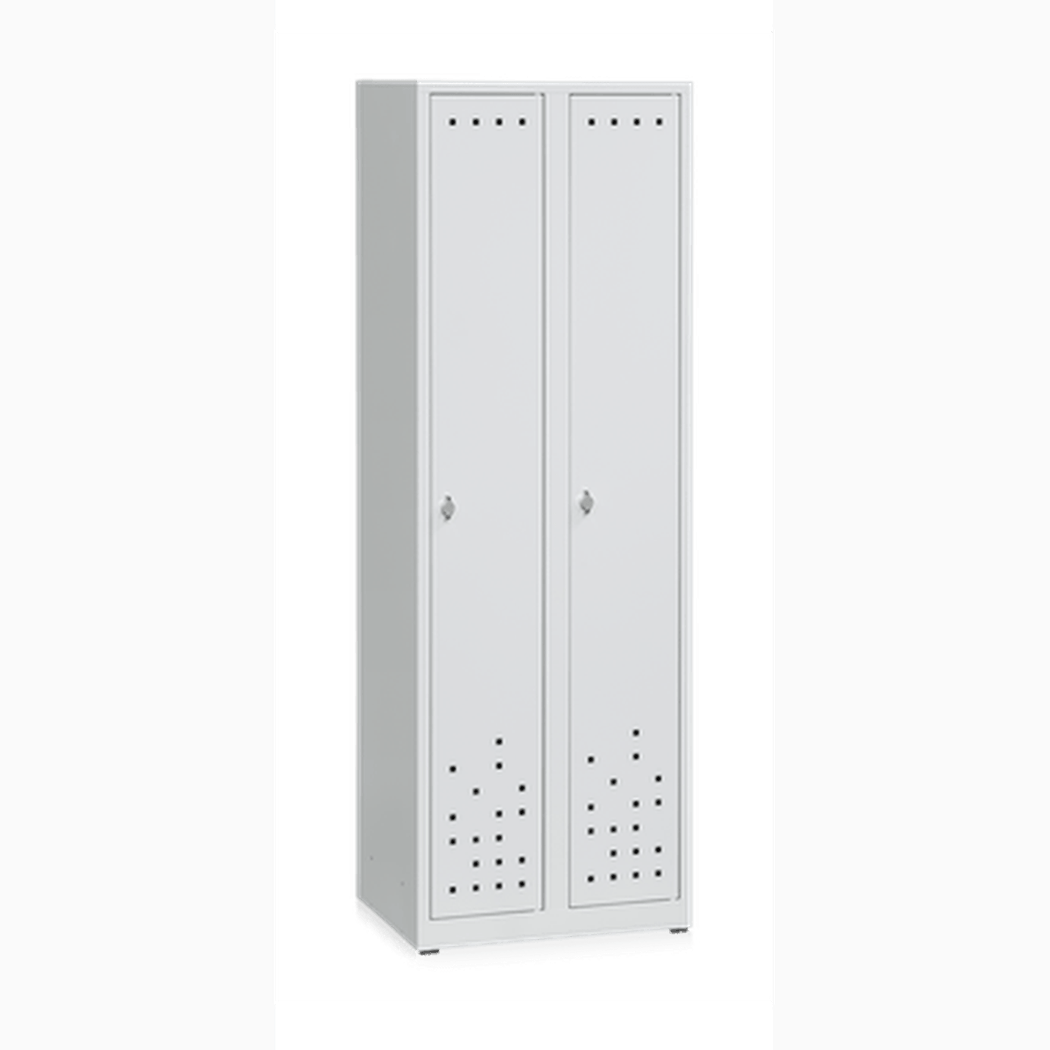Klädskåp 2 Dörrar Bredd 600 mm Ljusgrå i robust stål med pulverlackering, ventilation och säker hänglåsanskaffning.