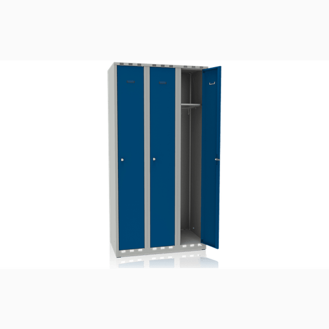 Klädskåp 3 Dörrar Bredd 900 mm Blå i stål med pulverlackerad yta och ventilering för säker och hållbar förvaring.