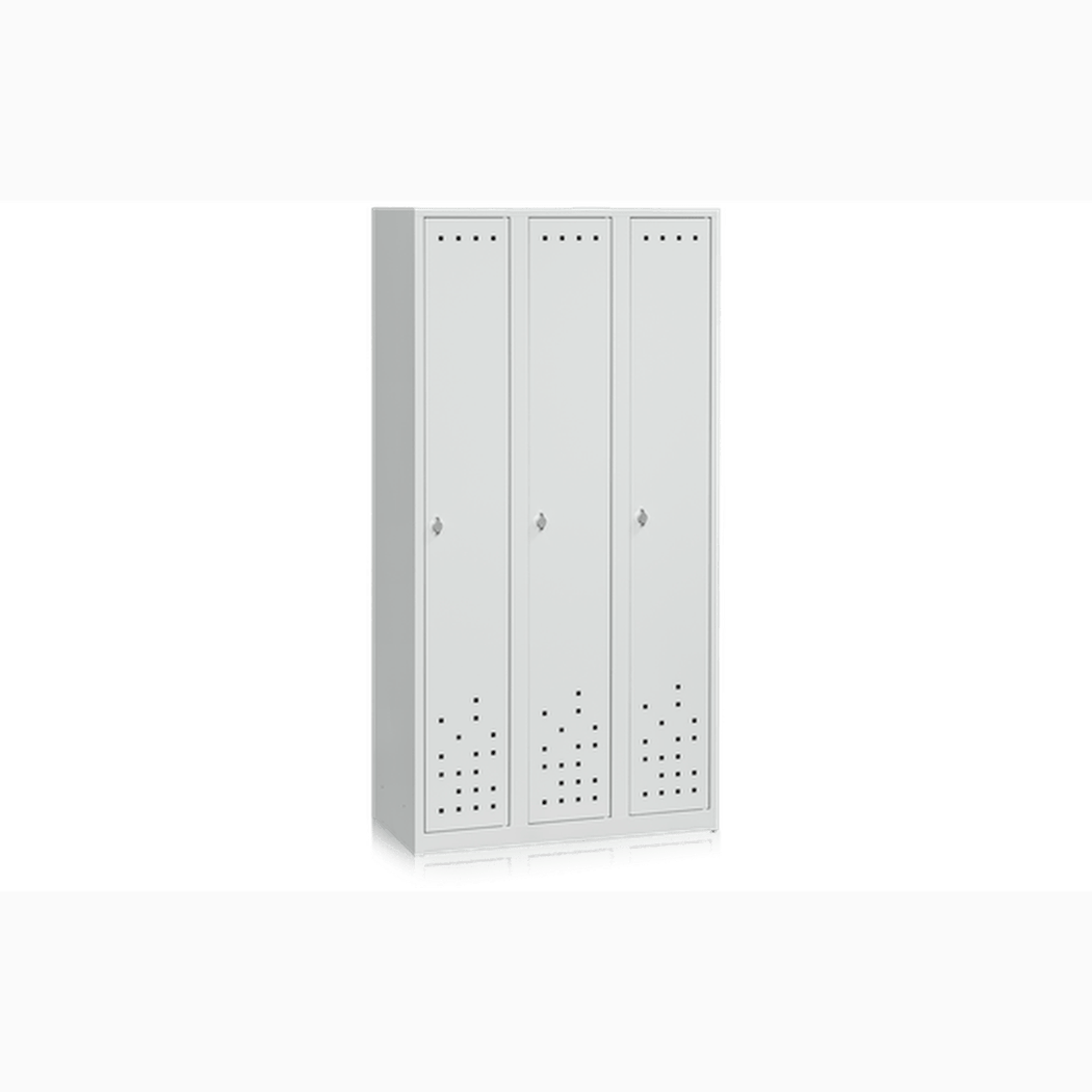 Klädskåp 3 Dörrar Bredd 900 mm Ljusgrå i pulverlackerad stålplåt med ventilationshål och säkerhetslås.