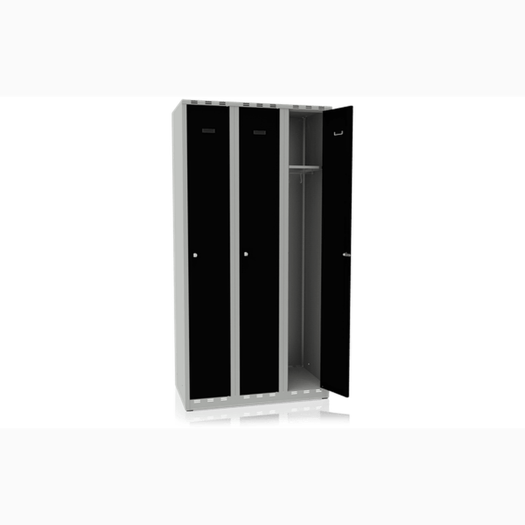 Klädskåp 3 Dörrar Bredd 900 mm Svart i robust pulverlackerad stålplåt med ventilationsöppningar och hatthylla.